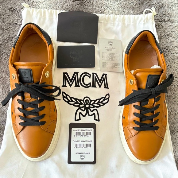 MCM Shoes - MCM Visetos Leather Sneakers Size: 9 | IT 39 Cognac